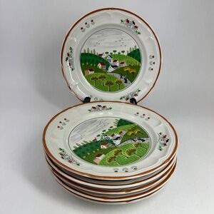 Vintage Newcor Stoneware Country Village 7” Salad Plates Set of 6 Japan